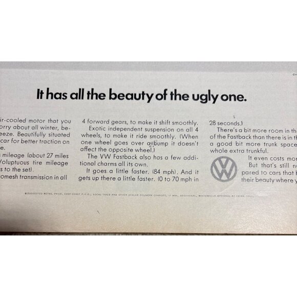 Volkswagen Fastback Print Ad Vintage 1960s  All the Beauty of the Ugly One - Picture 4 of 10